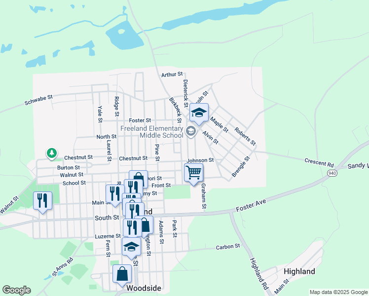 map of restaurants, bars, coffee shops, grocery stores, and more near 931 Birkbeck Street in Freeland