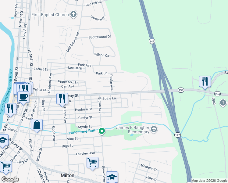 map of restaurants, bars, coffee shops, grocery stores, and more near 705 Broadway Street in Milton