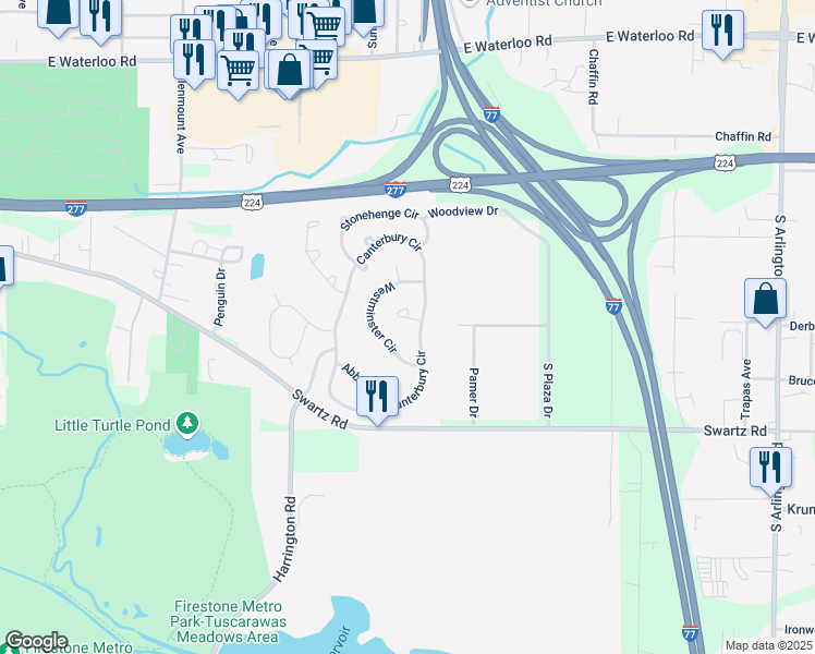 map of restaurants, bars, coffee shops, grocery stores, and more near 564 Westminster Circle in Akron