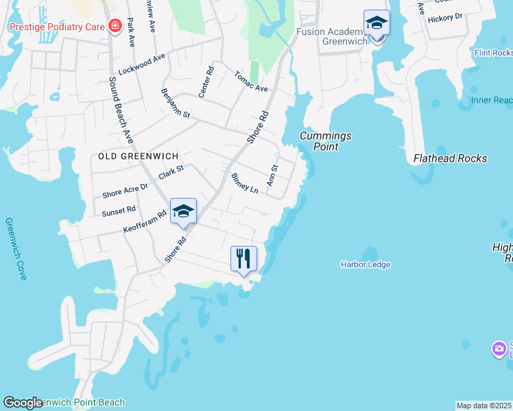 map of restaurants, bars, coffee shops, grocery stores, and more near 18 Ballwood Road in Greenwich