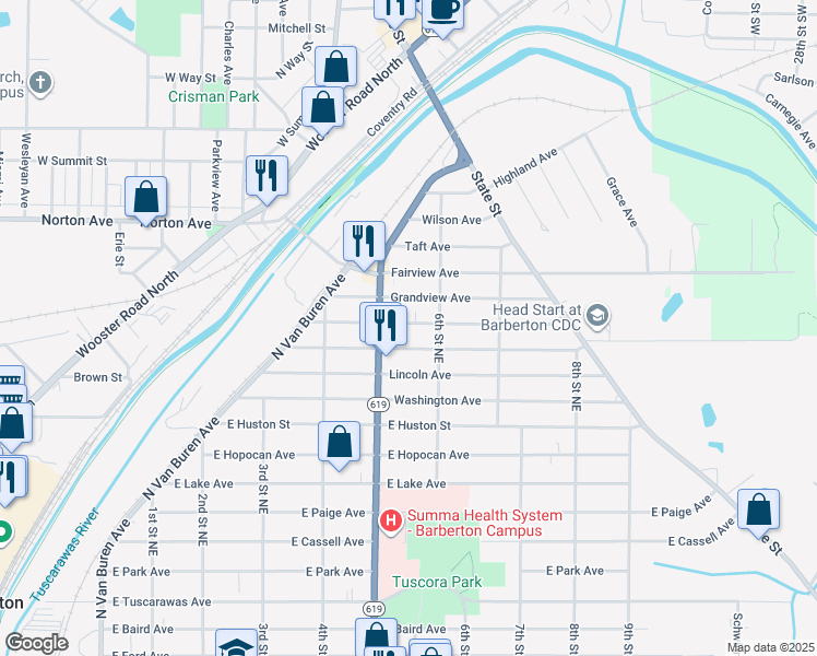 map of restaurants, bars, coffee shops, grocery stores, and more near 478 Jefferson Avenue in Barberton