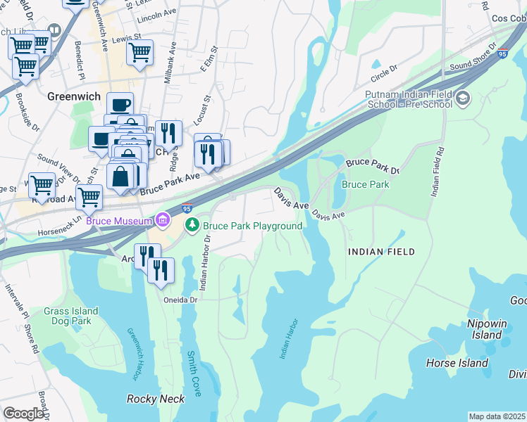 map of restaurants, bars, coffee shops, grocery stores, and more near 24 Home Place in Greenwich