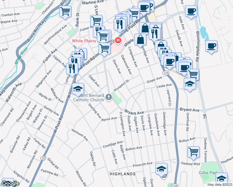 map of restaurants, bars, coffee shops, grocery stores, and more near 7 Bursley Place in White Plains