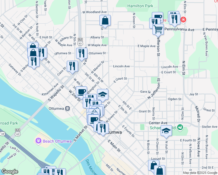 map of restaurants, bars, coffee shops, grocery stores, and more near in Ottumwa
