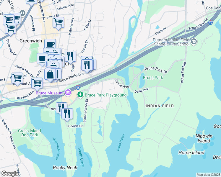 map of restaurants, bars, coffee shops, grocery stores, and more near 101 Oneida Drive in Greenwich