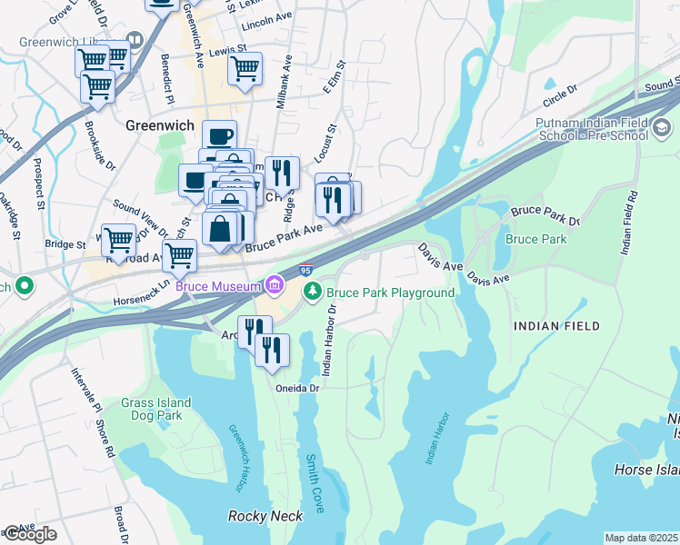 map of restaurants, bars, coffee shops, grocery stores, and more near 39A Indian Harbor Drive in Greenwich