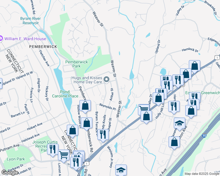 map of restaurants, bars, coffee shops, grocery stores, and more near 21 Hawthorne Street South in Greenwich