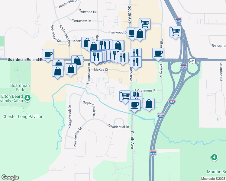 map of restaurants, bars, coffee shops, grocery stores, and more near 888 Pearson Circle in Youngstown