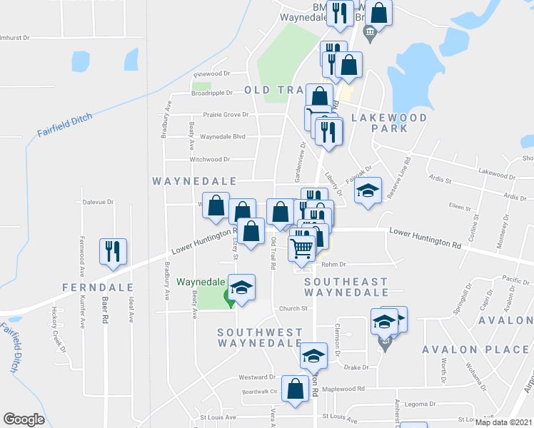 map of restaurants, bars, coffee shops, grocery stores, and more near 2500 Lower Huntington Road in Fort Wayne