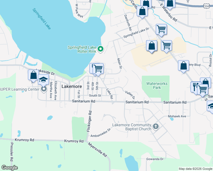map of restaurants, bars, coffee shops, grocery stores, and more near 1546 Lake Road in Akron