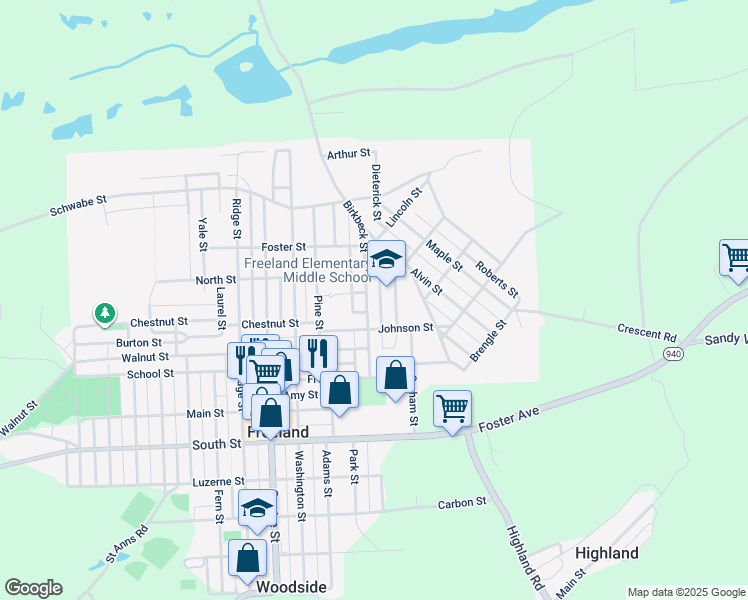 map of restaurants, bars, coffee shops, grocery stores, and more near 931 Birkbeck Street in Freeland