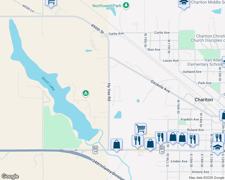 map of restaurants, bars, coffee shops, grocery stores, and more near 500-536 Hy Vee Road in Chariton