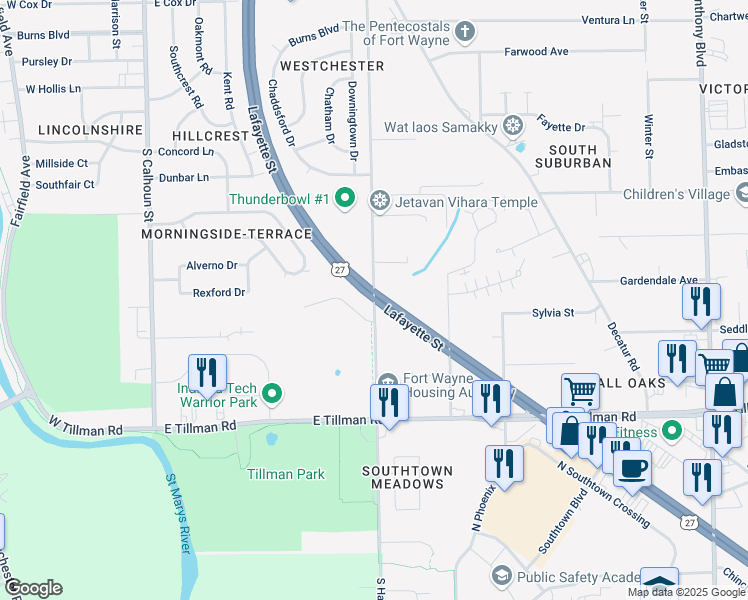 map of restaurants, bars, coffee shops, grocery stores, and more near 7001 South Hanna Street in Fort Wayne