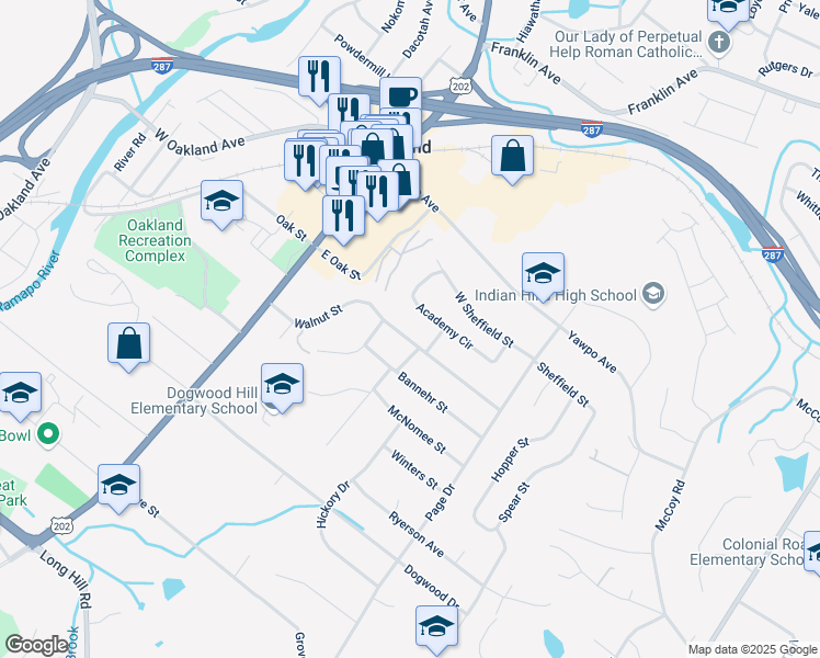 map of restaurants, bars, coffee shops, grocery stores, and more near 70 Walnut Street in Oakland