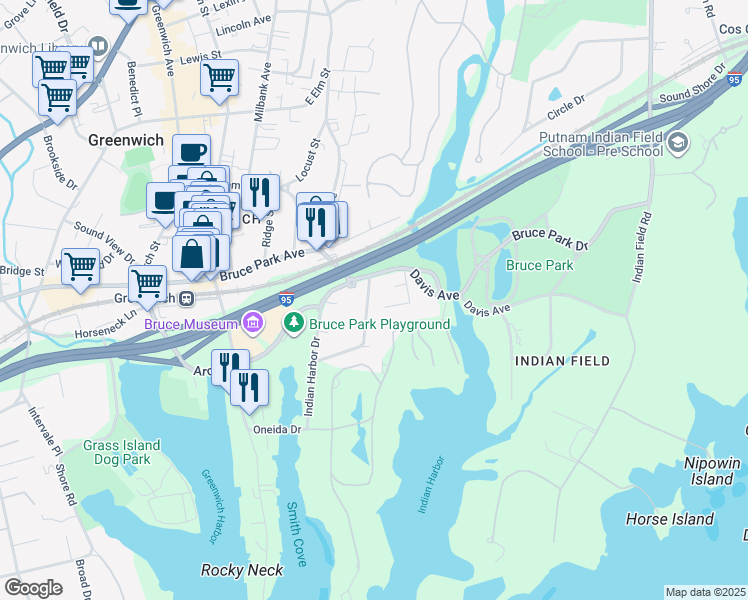 map of restaurants, bars, coffee shops, grocery stores, and more near 101 Oneida Drive in Greenwich