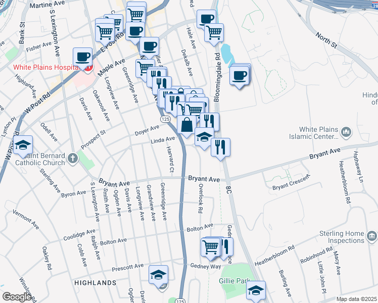 map of restaurants, bars, coffee shops, grocery stores, and more near 65 Old Mamaroneck Road in White Plains
