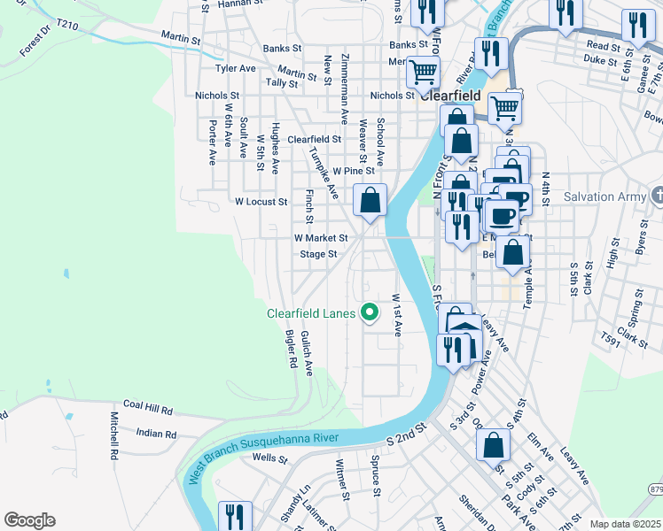 map of restaurants, bars, coffee shops, grocery stores, and more near 15 Gulich Avenue in Clearfield