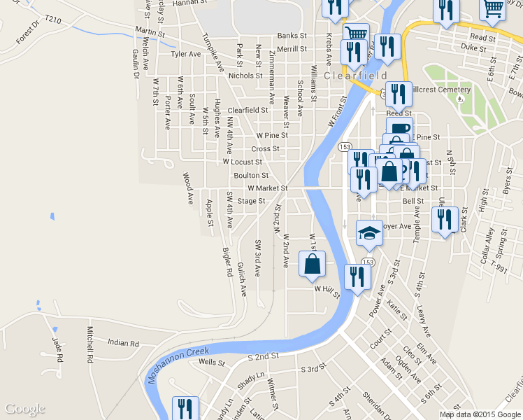 map of restaurants, bars, coffee shops, grocery stores, and more near 15 Gulich Avenue in Clearfield