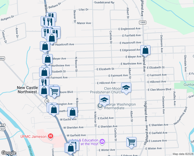 map of restaurants, bars, coffee shops, grocery stores, and more near 104 East Hillcrest Avenue in New Castle