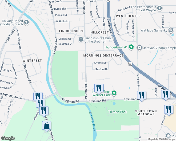 map of restaurants, bars, coffee shops, grocery stores, and more near 6715 South Calhoun Street in Fort Wayne