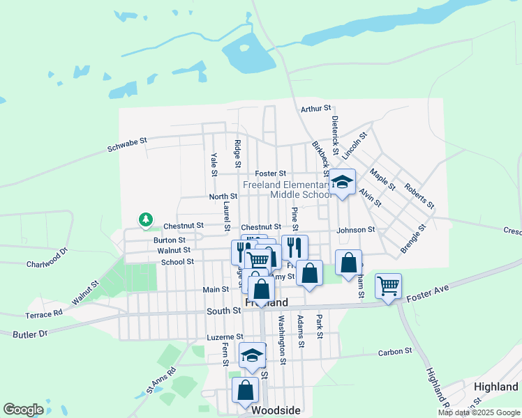 map of restaurants, bars, coffee shops, grocery stores, and more near 931 Centre Street in Freeland