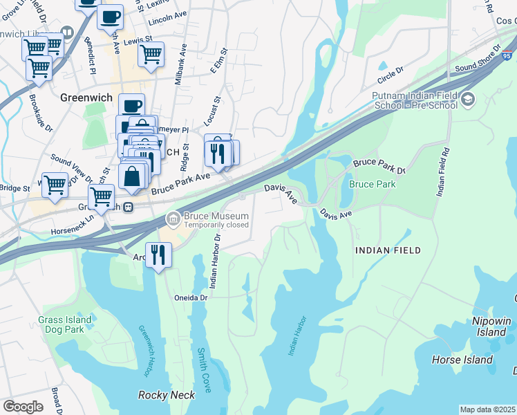 map of restaurants, bars, coffee shops, grocery stores, and more near 101 Oneida Drive in Greenwich