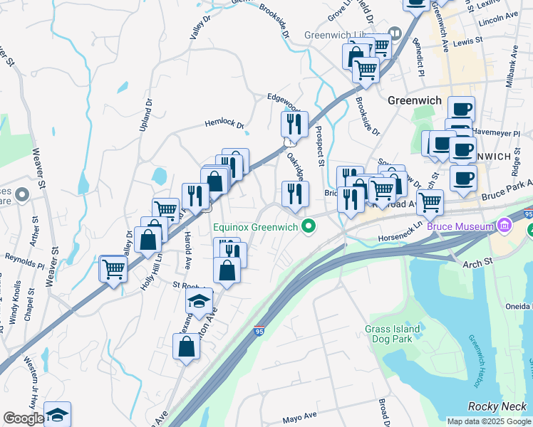 map of restaurants, bars, coffee shops, grocery stores, and more near 24 Spring Street in Greenwich