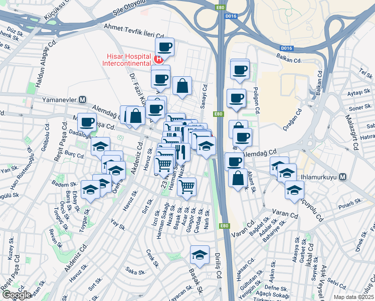 map of restaurants, bars, coffee shops, grocery stores, and more near 229 Mithatpaşa Caddesi in Ümraniye