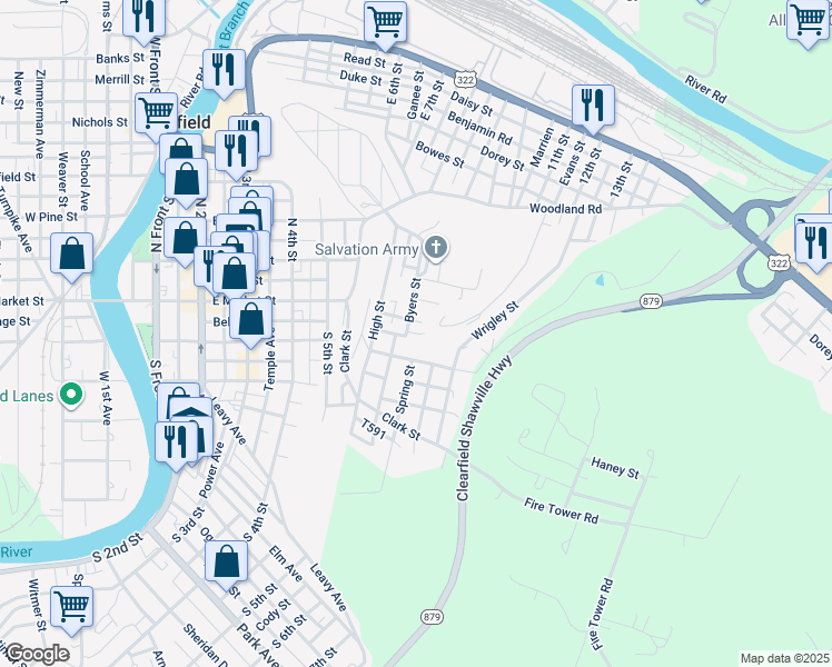 map of restaurants, bars, coffee shops, grocery stores, and more near Byers Street in Clearfield