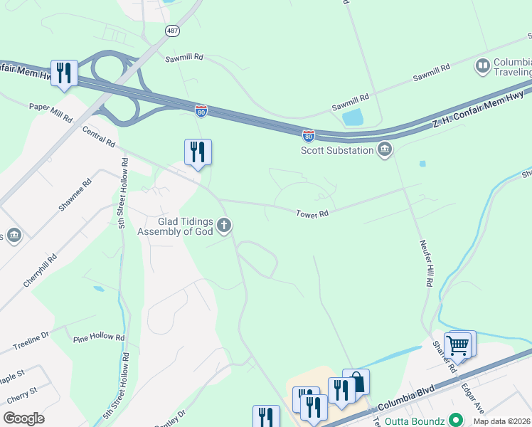 map of restaurants, bars, coffee shops, grocery stores, and more near Cythia Estates in Bloomsburg