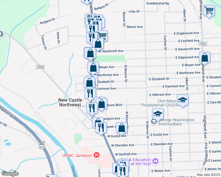 map of restaurants, bars, coffee shops, grocery stores, and more near 201 West Fairmont Avenue in New Castle