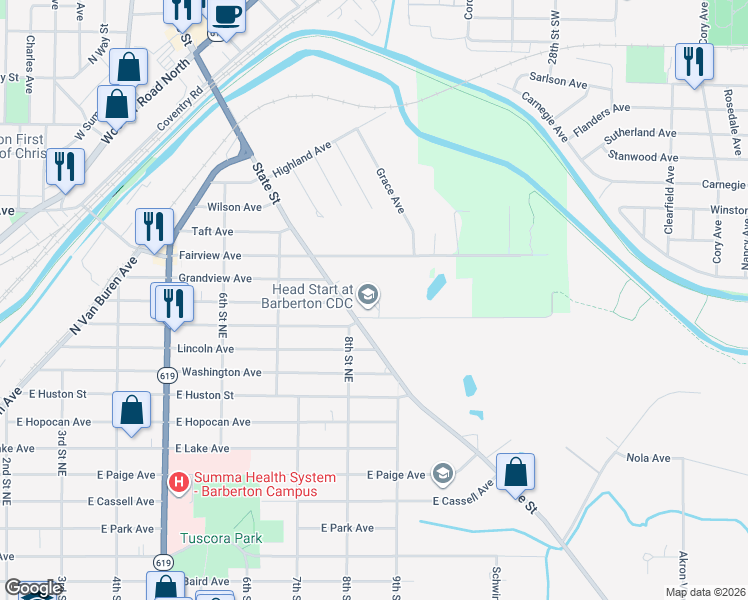 map of restaurants, bars, coffee shops, grocery stores, and more near 315 East State Street in Barberton