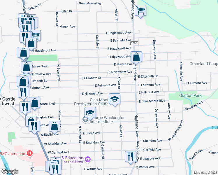 map of restaurants, bars, coffee shops, grocery stores, and more near 226 East Hillcrest Avenue in New Castle