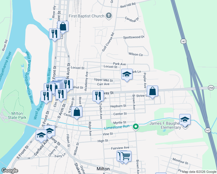 map of restaurants, bars, coffee shops, grocery stores, and more near 410 Broadway Street in Milton