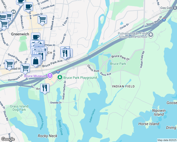 map of restaurants, bars, coffee shops, grocery stores, and more near 119 Oneida Drive in Greenwich