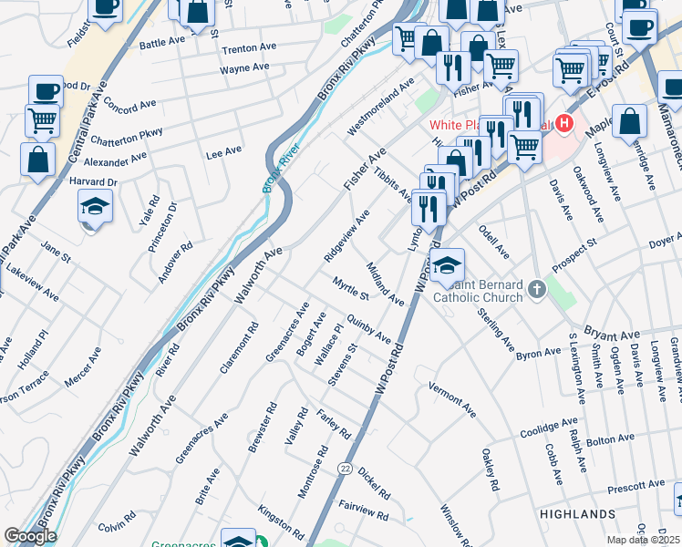 map of restaurants, bars, coffee shops, grocery stores, and more near 14 Myrtle Street in White Plains