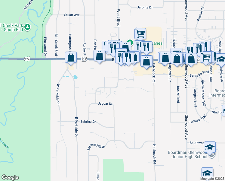 map of restaurants, bars, coffee shops, grocery stores, and more near 7391 Bonnie Place in Youngstown