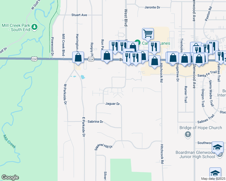 map of restaurants, bars, coffee shops, grocery stores, and more near 7391 Bonnie Place in Youngstown