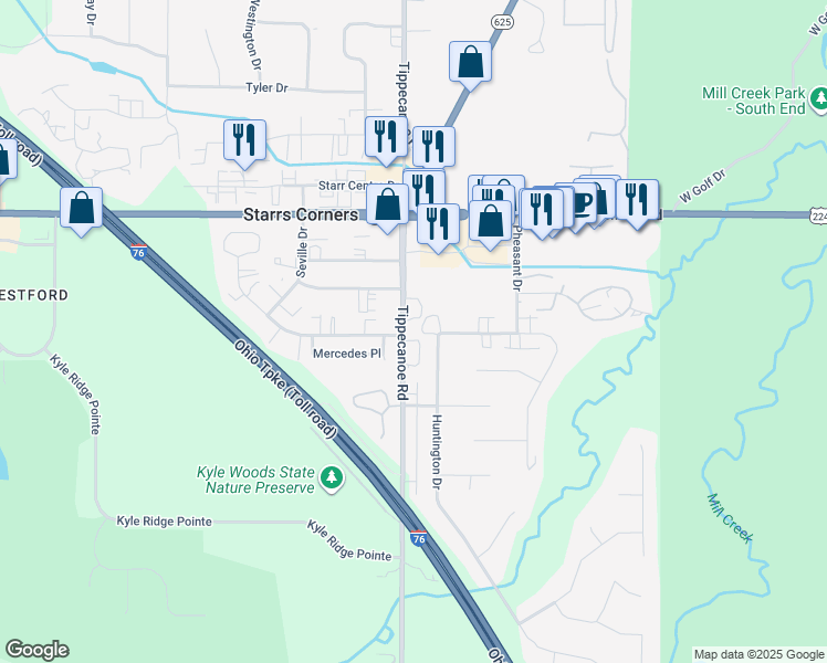 map of restaurants, bars, coffee shops, grocery stores, and more near 7538 Huntington Drive in Youngstown