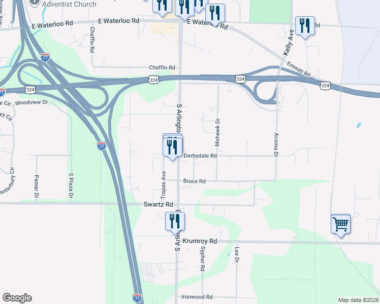 map of restaurants, bars, coffee shops, grocery stores, and more near 1812 Anton Drive in Akron