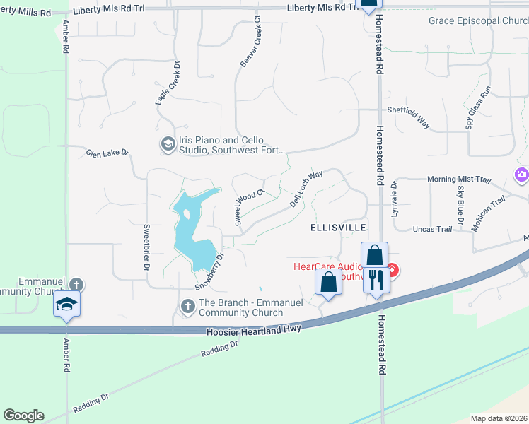 map of restaurants, bars, coffee shops, grocery stores, and more near 11413 Dell Loch Way in Fort Wayne
