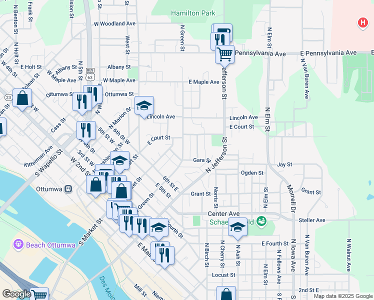 map of restaurants, bars, coffee shops, grocery stores, and more near 300-304 Gara Street in Ottumwa