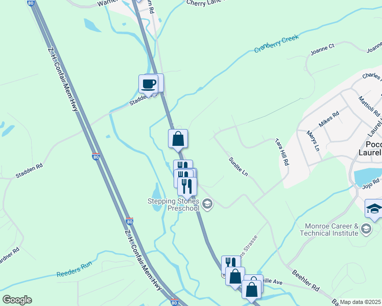 map of restaurants, bars, coffee shops, grocery stores, and more near 256 Beehler Road in Stroudsburg