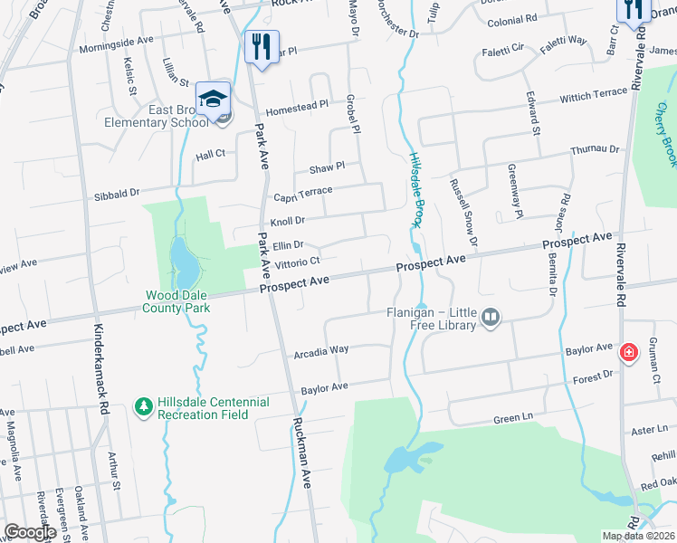 map of restaurants, bars, coffee shops, grocery stores, and more near 95 Prospect Avenue in Hillsdale