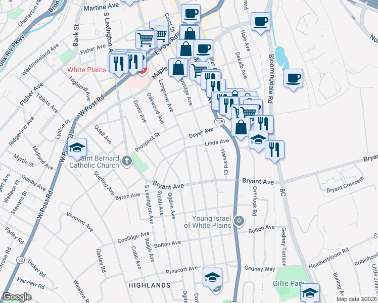map of restaurants, bars, coffee shops, grocery stores, and more near 92 Longview Avenue in White Plains