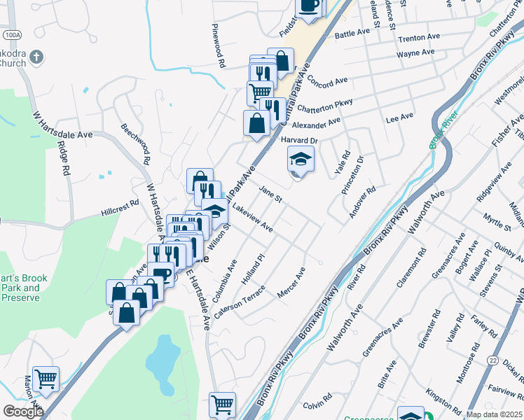 map of restaurants, bars, coffee shops, grocery stores, and more near 157 Columbia Avenue in Hartsdale
