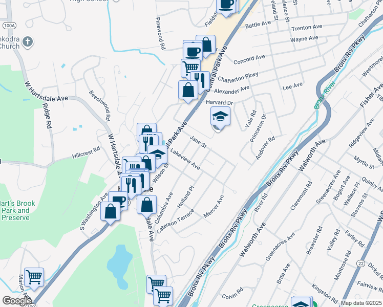 map of restaurants, bars, coffee shops, grocery stores, and more near 157 Columbia Avenue in Hartsdale