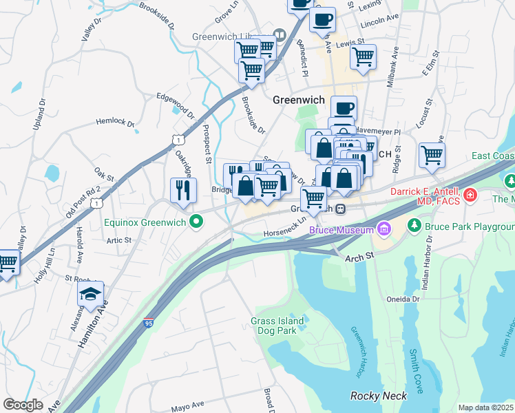 map of restaurants, bars, coffee shops, grocery stores, and more near 20 Horseneck Lane in Greenwich