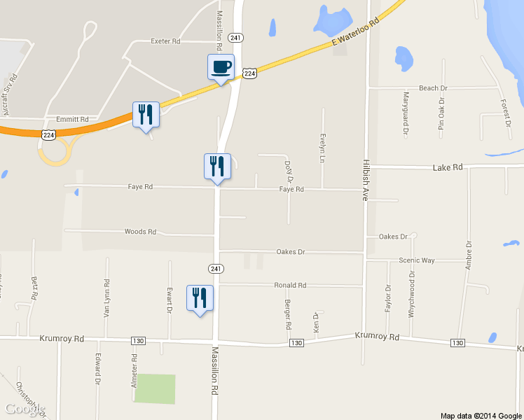 map of restaurants, bars, coffee shops, grocery stores, and more near 1870 Faye Road in Akron
