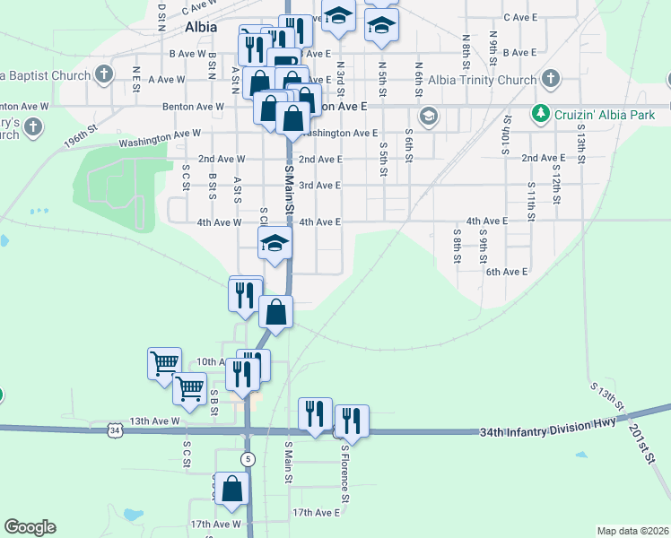 map of restaurants, bars, coffee shops, grocery stores, and more near 214 6th Avenue East in Albia
